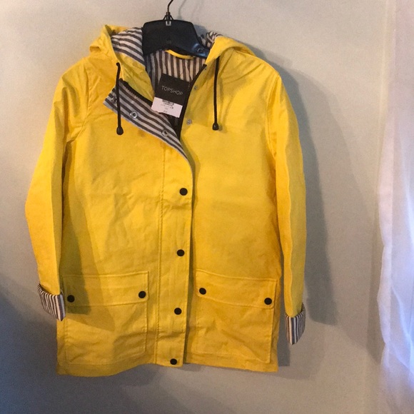 yellow rain jacket with striped lining